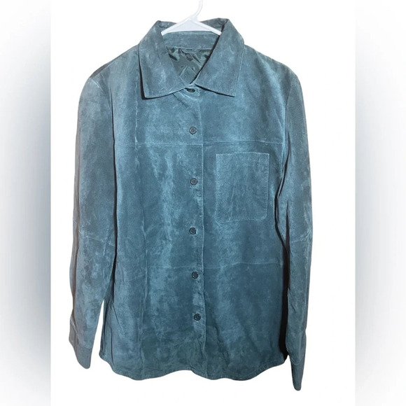 Women’s Teal 100% Leather Button Down Collared Shirt Jacket Shacket size M - Picture 1 of 3
